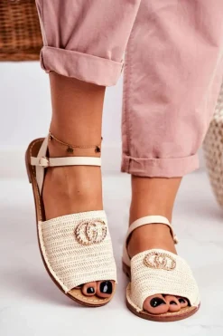 Boto Sandały Płaskie*Beżowe Damskie Płaskie Sandałki Lu Boo Plecione Felicia