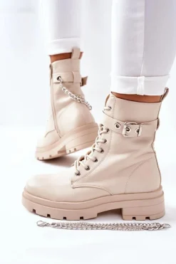 Boto Czarne Botki|Botki Zimowe Damskie*Beżowe Workery Botki z Łańcuchem Midtown