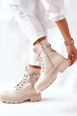 Boto Czarne Botki|Botki Zimowe Damskie*Beżowe Workery Botki z Łańcuchem Midtown