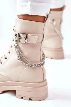 Boto Czarne Botki|Botki Zimowe Damskie*Beżowe Workery Botki z Łańcuchem Midtown