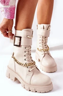 New Boto Beżowe Workery Botki z Łańcuchem Klamra Tanaros