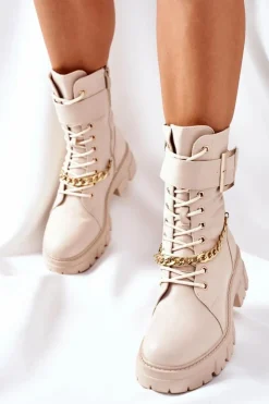 New Boto Beżowe Workery Botki z Łańcuchem Klamra Tanaros