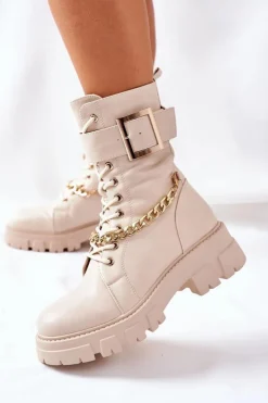 New Boto Beżowe Workery Botki z Łańcuchem Klamra Tanaros