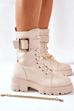 New Boto Beżowe Workery Botki z Łańcuchem Klamra Tanaros