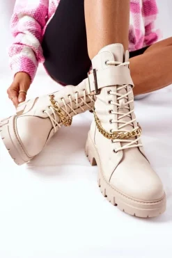 New Boto Beżowe Workery Botki z Łańcuchem Klamra Tanaros