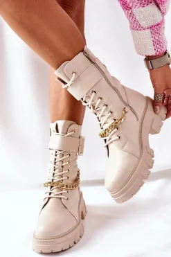 New Boto Beżowe Workery Botki z Łańcuchem Klamra Tanaros