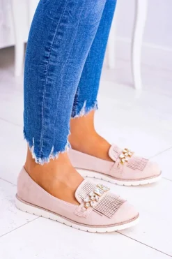 Boto Mokasyny Damskie Zamszowe*Beżowe Zamszowe Mokasyny z Kryształami Vivaro