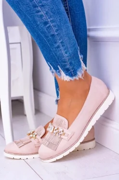 Boto Mokasyny Damskie Zamszowe*Beżowe Zamszowe Mokasyny z Kryształami Vivaro