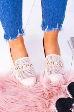 Boto Mokasyny Damskie Zamszowe*Beżowe Zamszowe Mokasyny z Kryształami Vivaro