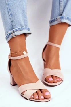 Boto Sandały Na Obcasie*Beżowe Zamszowe Sandałki na Słupku Nela