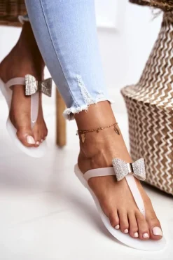 Damskie Boto Białe Damskie Klapki Japonki Meliski z Kokardką Cekiny Morello