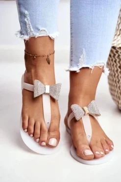 Damskie Boto Białe Damskie Klapki Japonki Meliski z Kokardką Cekiny Morello