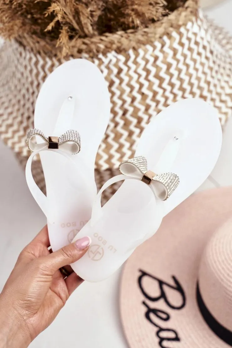 Damskie Boto Białe Damskie Klapki Japonki Meliski z Kokardką Cekiny Morello