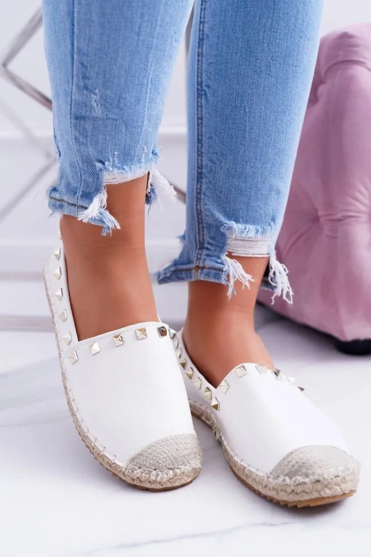 Boto Baleriny Klasyczne*Białe Wsuwane Espadryle z Ćwiekami Christiane