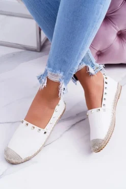 Boto Baleriny Klasyczne*Białe Wsuwane Espadryle z Ćwiekami Christiane