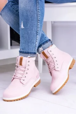 Big Star Shoes Damskie Trapery|Botki Sznurowane*Big Star Botki Damskie Timberki Traperki Pudrowy Róż Timon