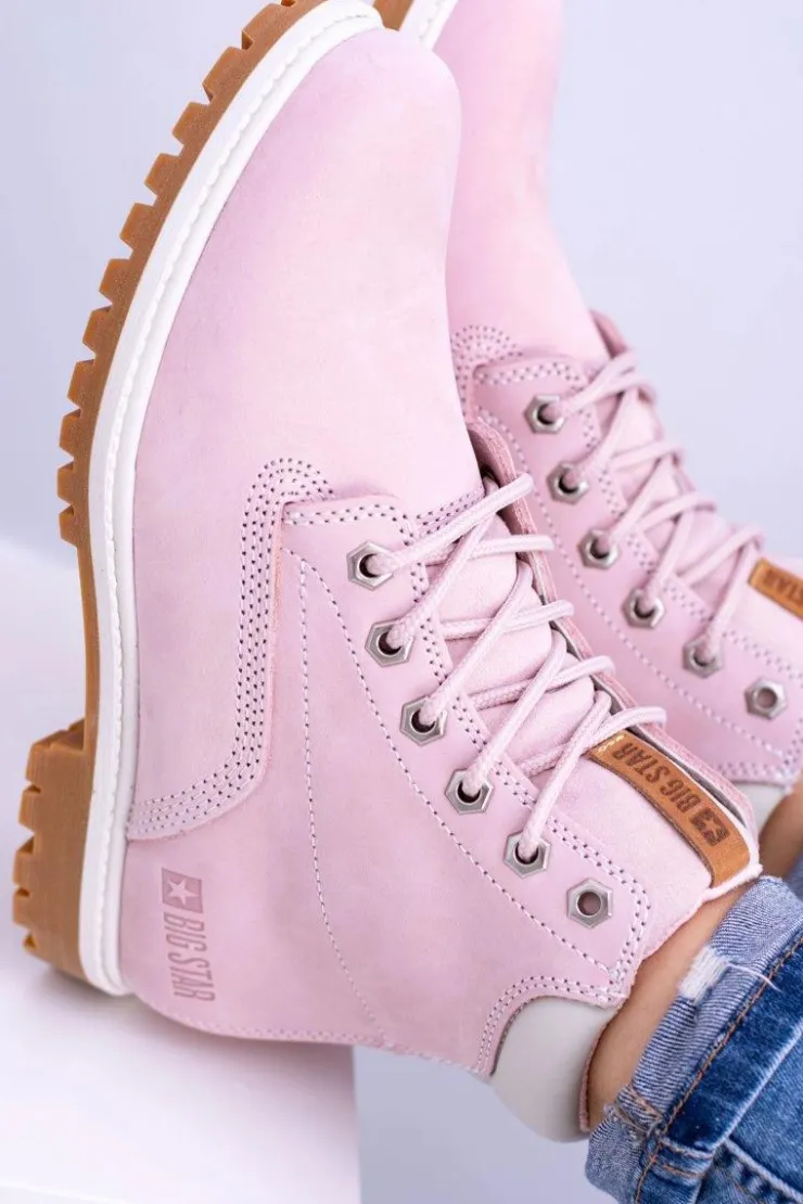 Big Star Shoes Damskie Trapery|Botki Sznurowane*Big Star Botki Damskie Timberki Traperki Pudrowy Róż Timon