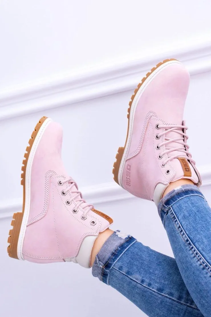 Big Star Shoes Damskie Trapery|Botki Sznurowane*Big Star Botki Damskie Timberki Traperki Pudrowy Róż Timon