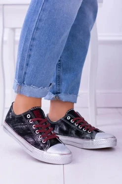 Big Star Shoes Trampki Damskie Big Star|Trampki Damskie Niskie*Big Star Czarne Posrebrzane Tenisówki Trampki BB274013