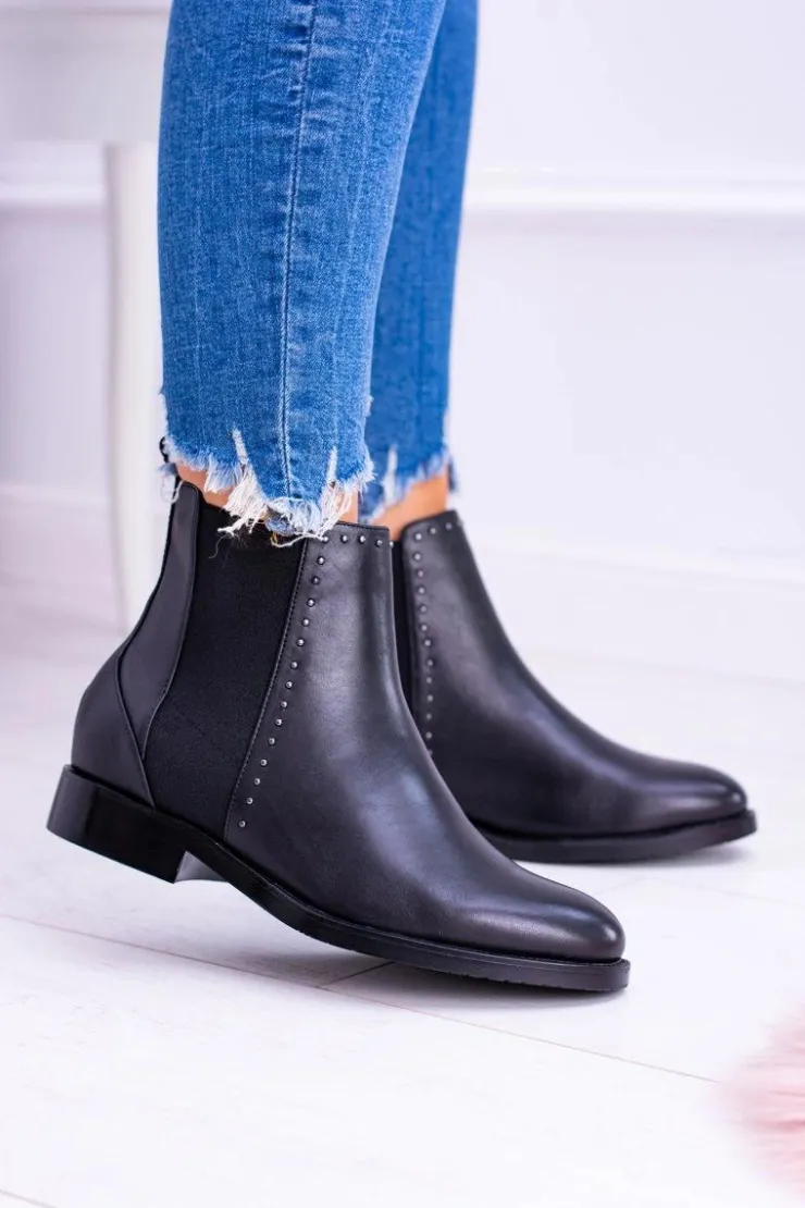 Damskie Big Star Shoes BIG STAR Skórzane Botki Sztyblety Czarne BB274611