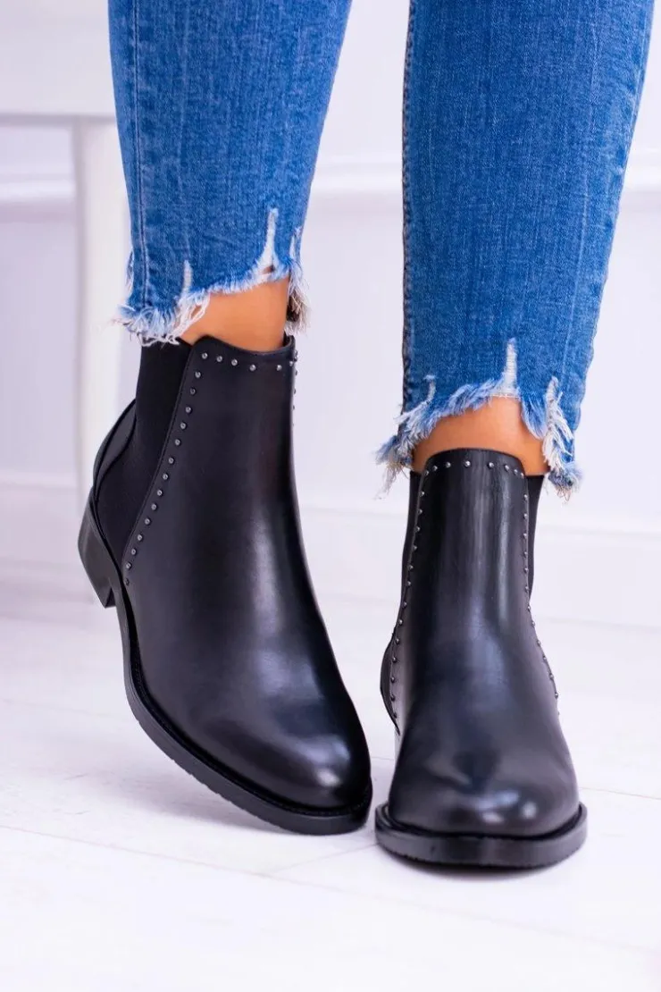 Damskie Big Star Shoes BIG STAR Skórzane Botki Sztyblety Czarne BB274611