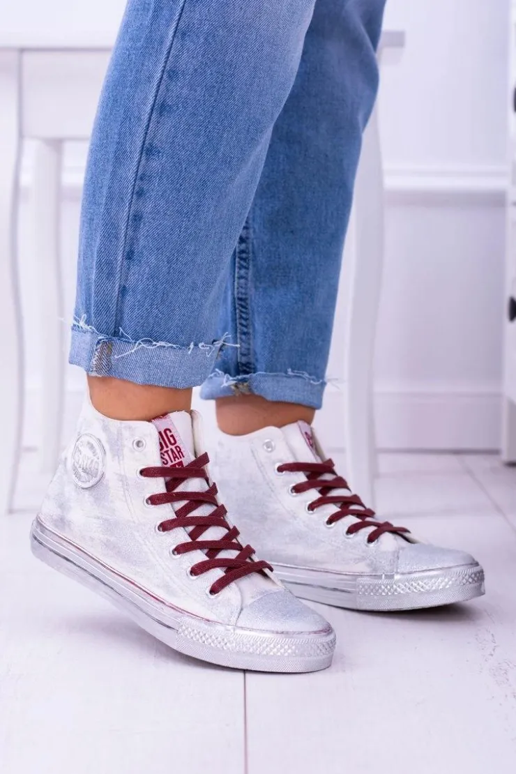Online Big Star Shoes Big Star Wysokie Białe Posrebrzane Tenisówki Trampki BB274016