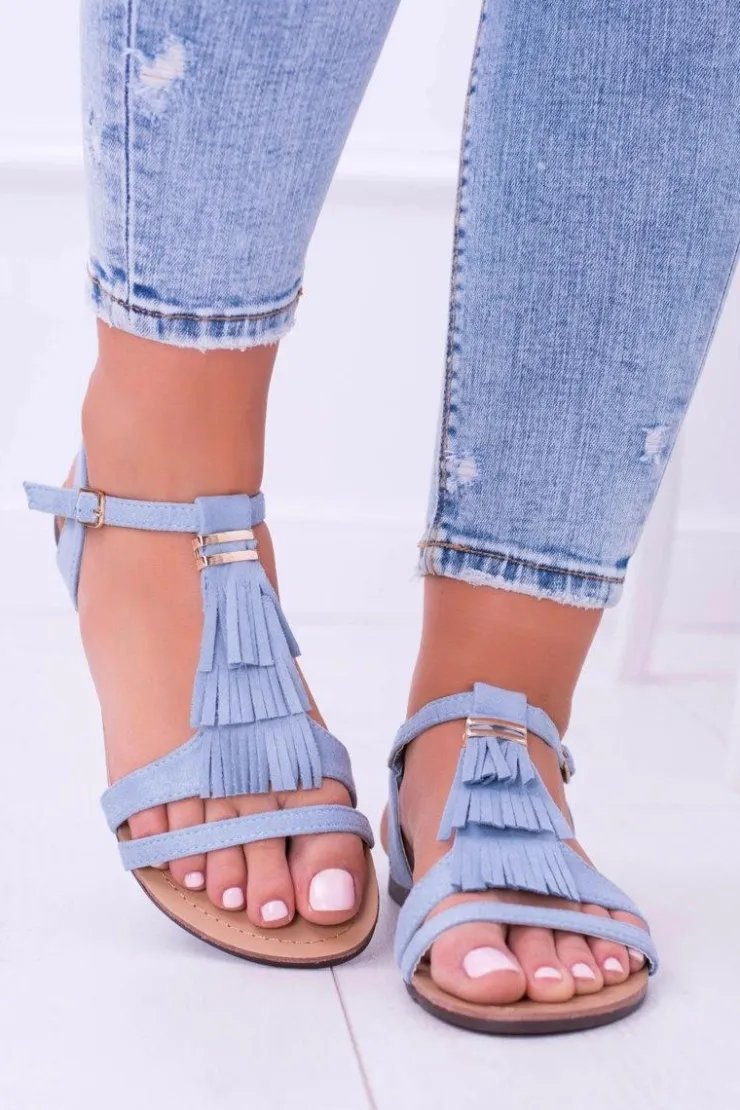 Outlet Boto Błękitne Płaskie Zamszowe Sandały z Frędzlami Viva