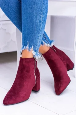 Damskie Boto Bordowe Zamszowe Botki Na Słupku w Szpic Jonnes