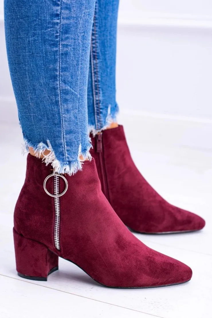 Damskie Boto Bordowe Zamszowe Botki Na Słupku w Szpic Jonnes