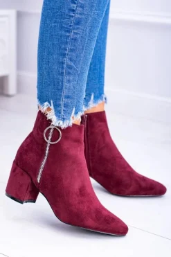 Damskie Boto Bordowe Zamszowe Botki Na Słupku w Szpic Jonnes