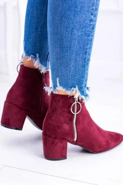 Damskie Boto Bordowe Zamszowe Botki Na Słupku w Szpic Jonnes