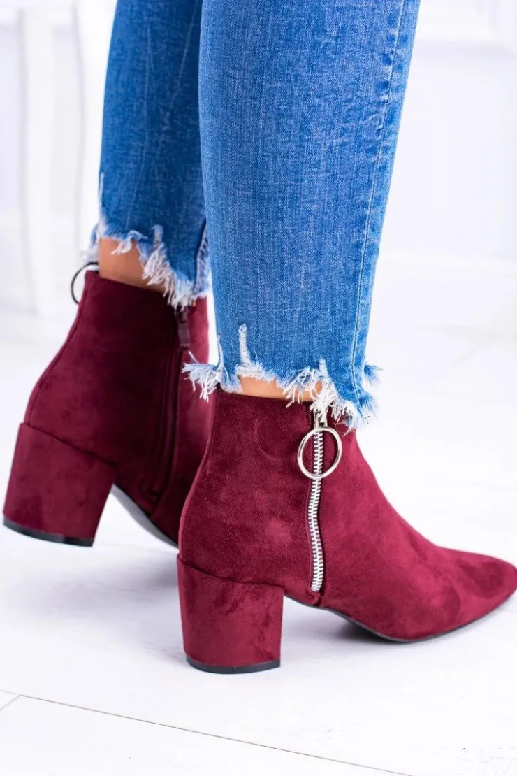 Damskie Boto Bordowe Zamszowe Botki Na Słupku w Szpic Jonnes