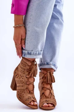 Damskie Boto Botki Ażurowe Na Obcasie Camel Letya