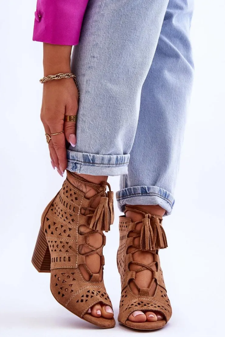 Damskie Boto Botki Ażurowe Na Obcasie Camel Letya