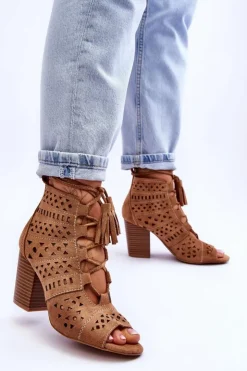 Damskie Boto Botki Ażurowe Na Obcasie Camel Letya