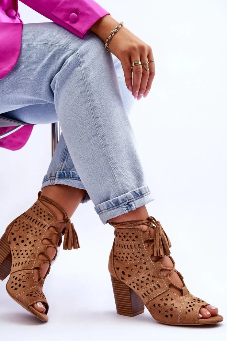 Damskie Boto Botki Ażurowe Na Obcasie Camel Letya