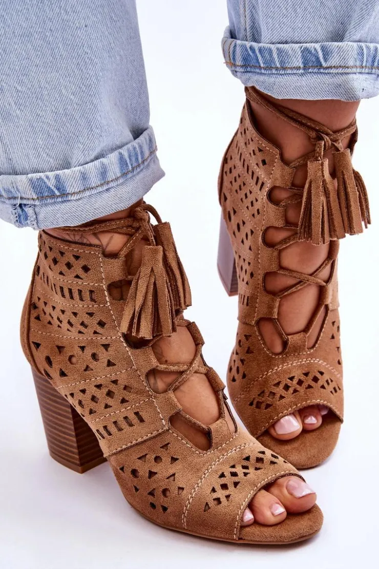Damskie Boto Botki Ażurowe Na Obcasie Camel Letya