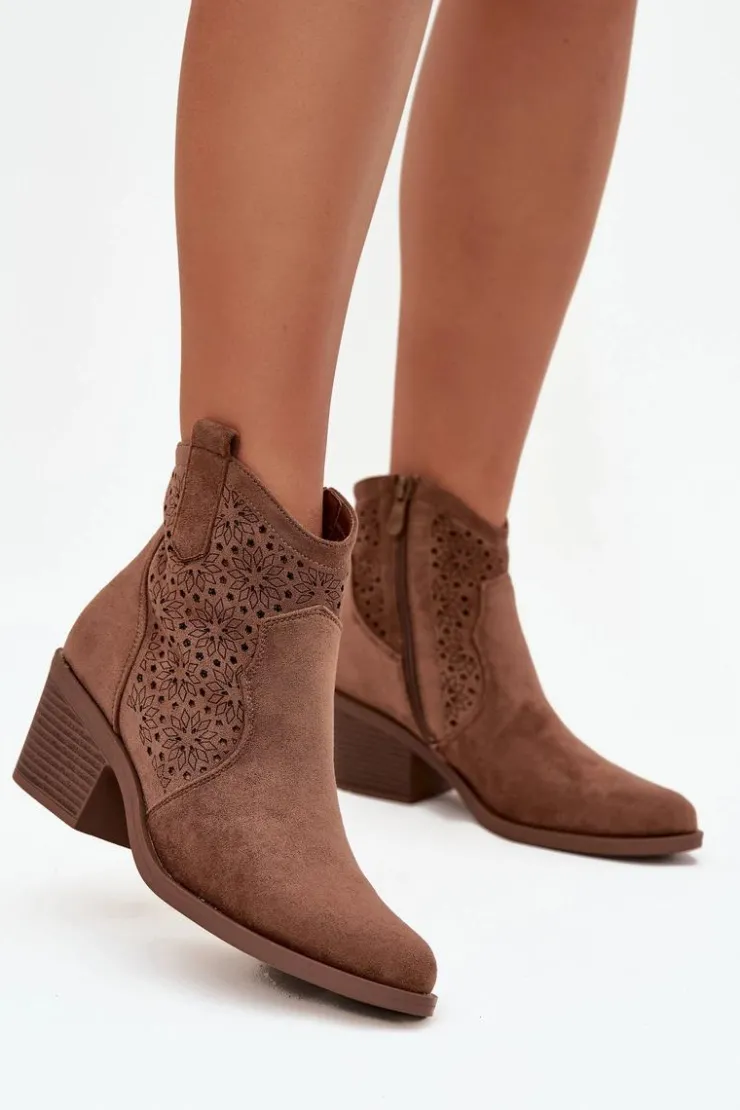 New Damskie buty S.Barski Botki Damskie Ażurowe Na Obcasie S.Barski HY52-529 Brązowe Brązowy