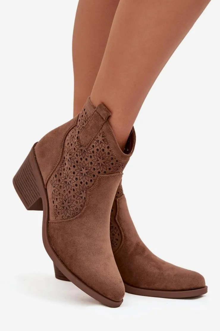 New Damskie buty S.Barski Botki Damskie Ażurowe Na Obcasie S.Barski HY52-529 Brązowe Brązowy