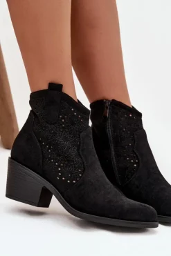 Damskie Damskie buty S.Barski Botki Damskie Ażurowe Na Obcasie S.Barski HY52-529 Czarne