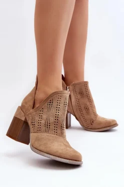 Boto Botki Damskie Ażurowe Na Słupku Beżowe Niartima