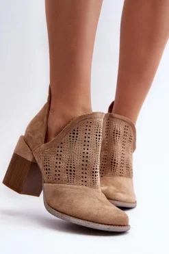 Boto Botki Damskie Ażurowe Na Słupku Beżowe Niartima