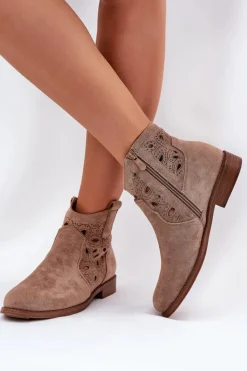 Damskie buty S.Barski Botki Ażurowe|Botki Płaskie*Botki Damskie Ażurowe Na Zamek Beżowe S.Barski HY42-081