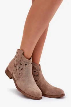 Damskie buty S.Barski Botki Ażurowe|Botki Płaskie*Botki Damskie Ażurowe Na Zamek Beżowe S.Barski HY42-081