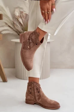 Damskie Damskie buty S.Barski Botki Damskie Ażurowe Na Zamek Brązowe S.Barski HY42-081