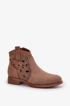 Damskie Damskie buty S.Barski Botki Damskie Ażurowe Na Zamek Brązowe S.Barski HY42-081