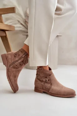 Damskie Damskie buty S.Barski Botki Damskie Ażurowe Na Zamek Brązowe S.Barski HY42-081