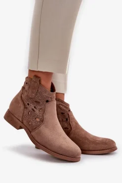 Damskie Damskie buty S.Barski Botki Damskie Ażurowe Na Zamek Brązowe S.Barski HY42-081