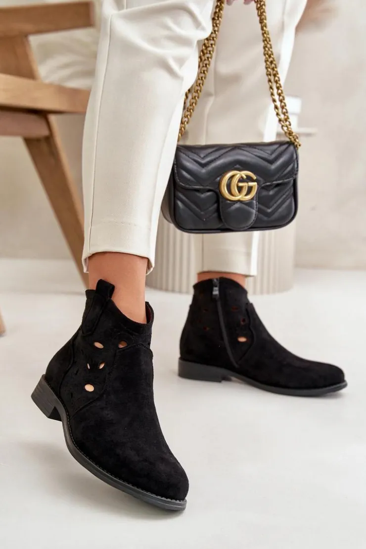 Damskie buty S.Barski Botki Ażurowe|Botki Płaskie*Botki Damskie Ażurowe Na Zamek Czarne S.Barski HY42-081 Czarny