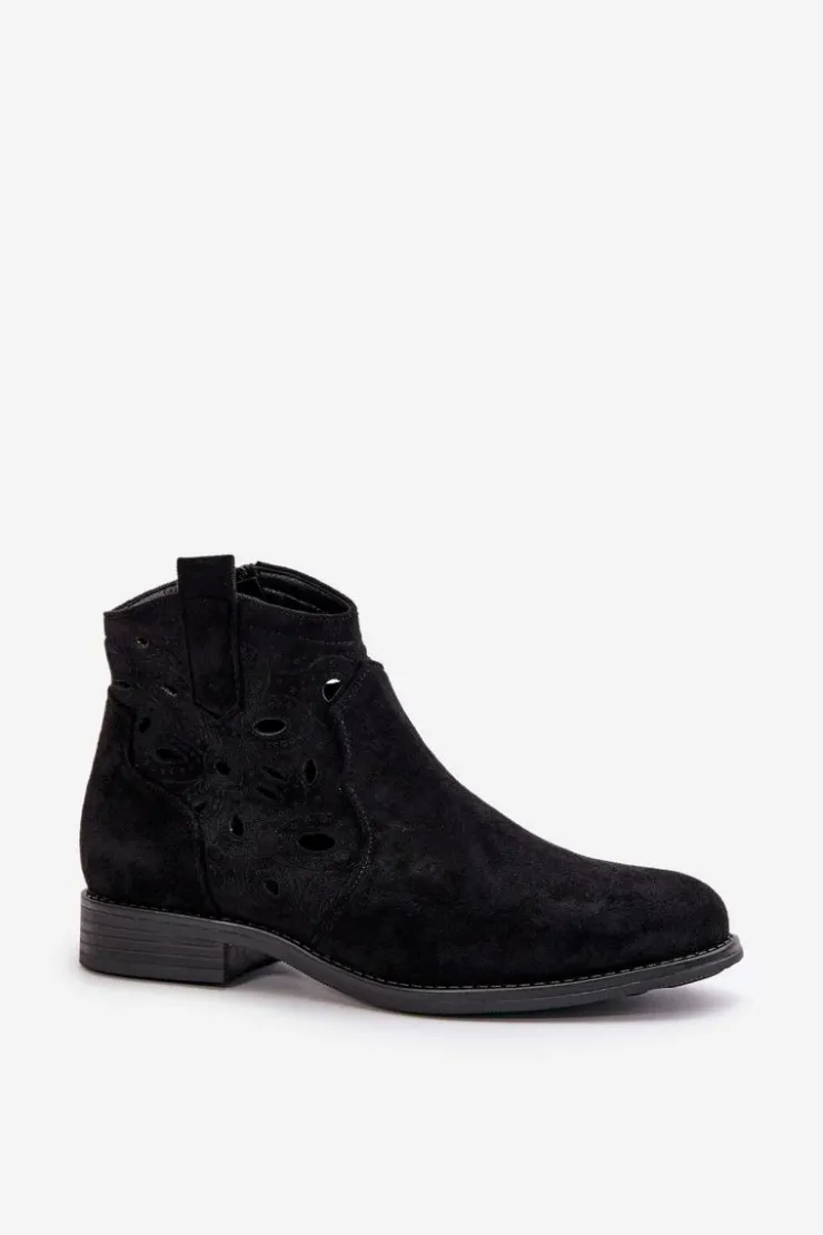 Damskie buty S.Barski Botki Ażurowe|Botki Płaskie*Botki Damskie Ażurowe Na Zamek Czarne S.Barski HY42-081 Czarny